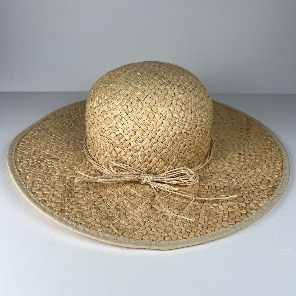 Natural Raffia Straw Sun Hat Wide Brim Bow Accent Beach Womens Cap Garden Sz 7 - Picture 4 of 11